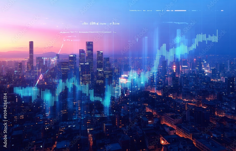 Futuristic Cityscape Dusk with Digital Financial Metrics Graph Technology and Market Analysis Futuristic Cityscape Dusk with Digital Financial Metrics Graph Technology and Market Analysis