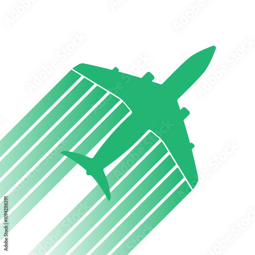 Bold green gradient illustration of an airplane with dynamic stripe trails, symbolizing speed, innovation, and modern travel.