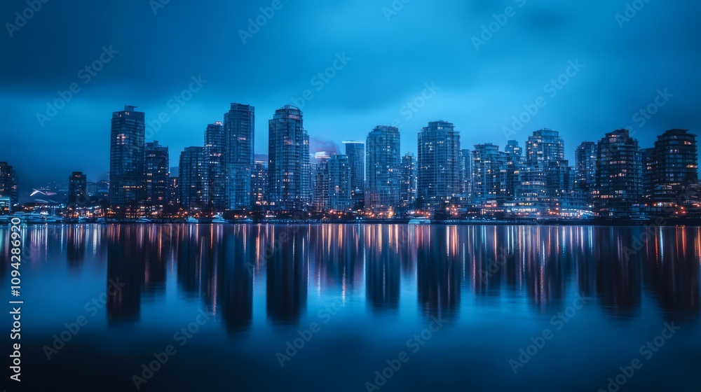 Fototapeta premium Cityscape at twilight, reflecting on calm water.