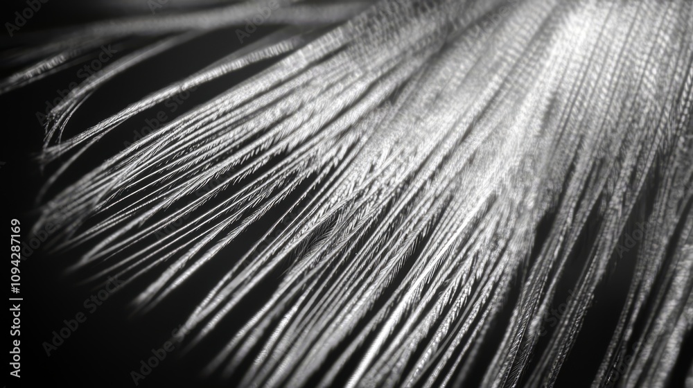 Obraz premium Close-up of a feather's delicate structure, showcasing intricate details and texture in monochrome.