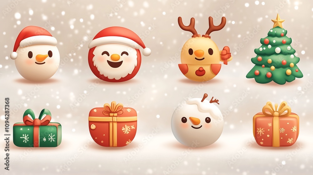 Christmas emoticons collection includes a smiling Santa face, a Christmas tree, a gift box with a ribbon, a snowman with a carrot nose, and a reindeer with horns. Christmas emoticons collection includes a smiling Santa face, a Christmas tree, a gift box with a ribbon, a snowman with a carrot nose, and a reindeer with horns.