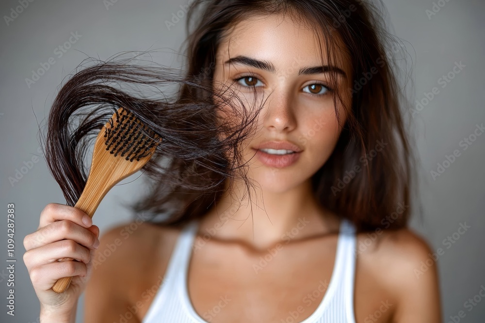 Woman Holding Hairbrush with Tangled Hair and Showing Hair Loss Woman Holding Hairbrush with Tangled Hair and Showing Hair Loss