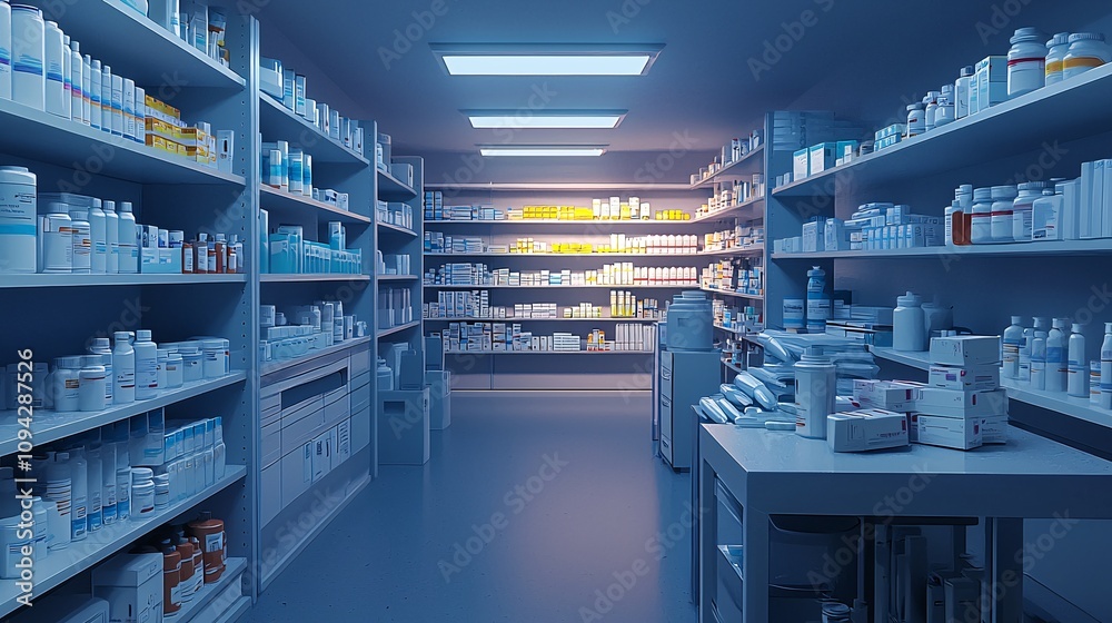 Pharmaceutical Room with Neat Shelves of Medications Pharmaceutical Room with Neat Shelves of Medications