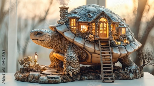 A 3D resin three-dimensional statue logo, a resin sculpture of an ancient giant turtle with a house on its back, and a stone ladder leading to the door  photo