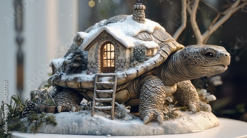 A 3D resin three-dimensional statue logo, a resin sculpture of an ancient giant turtle with a house on its back, and a stone ladder leading to the door  photo