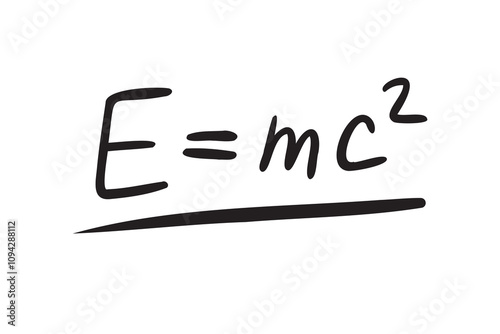 e equal mc2 formula. Physics formula hand drawing e equal sign mc2. energy, mass and speed of light doodle line lettering.