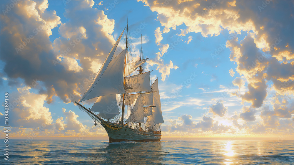 A sailing ship with white sails sails on the ocean in the doldrums, against a sky with clouds and the glare of the sun A sailing ship with white sails sails on the ocean in the doldrums, against a sky with clouds and the glare of the sun