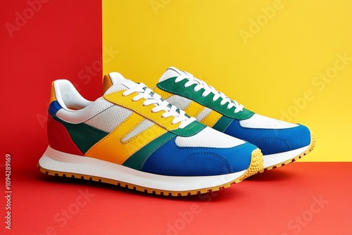 Vibrant Colorful Sneakers against Bold Red and Yellow Background Showcase Stylish Minimalist Design