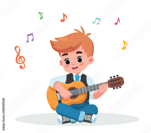 kid boy play guitar and feeling happy