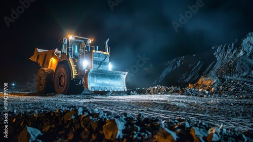 The bright headlights of a bulldozer illuminating the site as the operators work tirelessly through the night determined to finish the job. photo