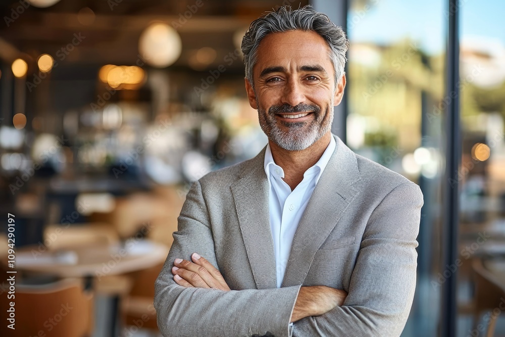 Fototapeta premium Middle Aged Businessman in Gray Suit Smiling Outdoors in Modern Café