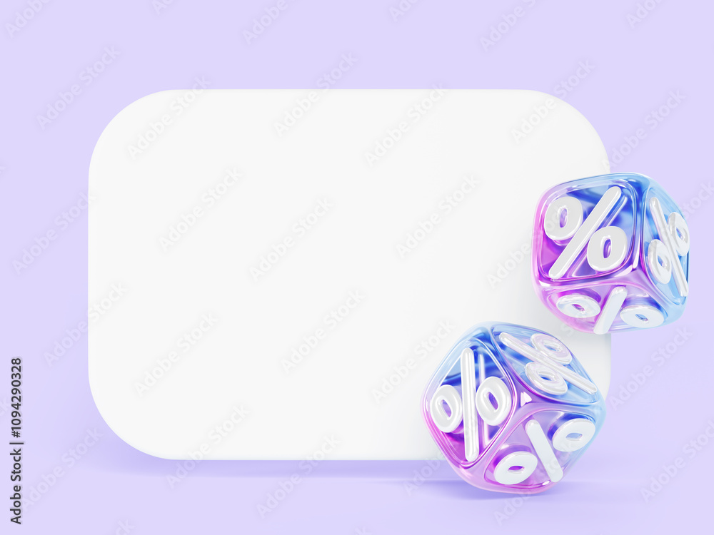 Obraz premium 3d white board and glass holographic cubes with percent sign on purple background render. Discount percentage banner frame, price sale. Blank whiteboard template with space for text. 3D illustration