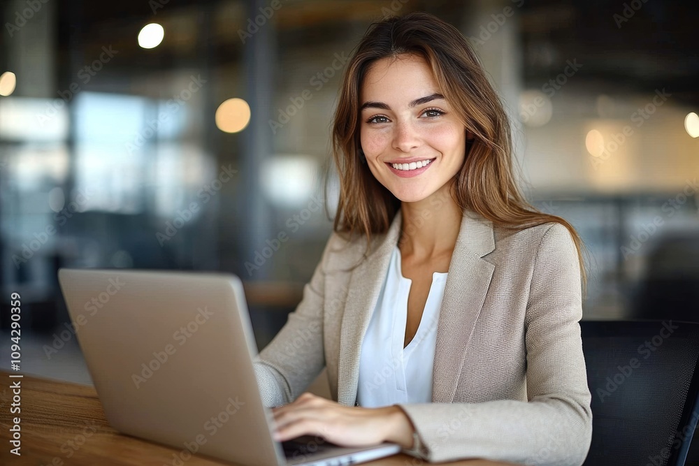 Smiling Businesswoman in Office Using Laptop at Work Professional Female Executive in Beige Blazer Smiling Businesswoman in Office Using Laptop at Work Professional Female Executive in Beige Blazer