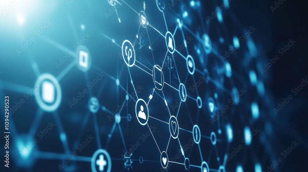 Abstract digital network connection with icons.