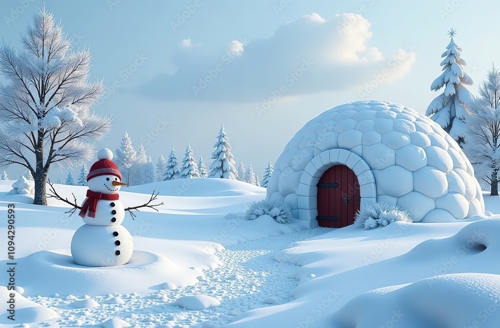Obraz premium Collection of snowdrifts and icicles of different shapes in realistic style. Winter elements - snowman and icehouse igloo.