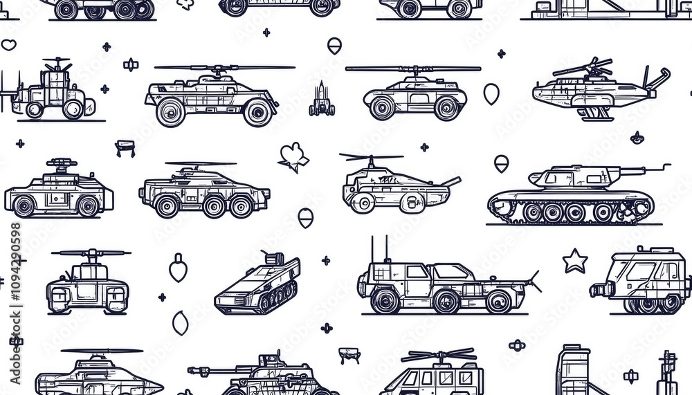 A pattern featuring various military vehicles and helicopters in a monochrome design. A pattern featuring various military vehicles and helicopters in a monochrome design.