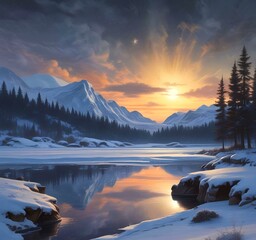 Crédence de cuisine  Illustration of winter landscape with frozen lake and starry sky.  © BetiBup33