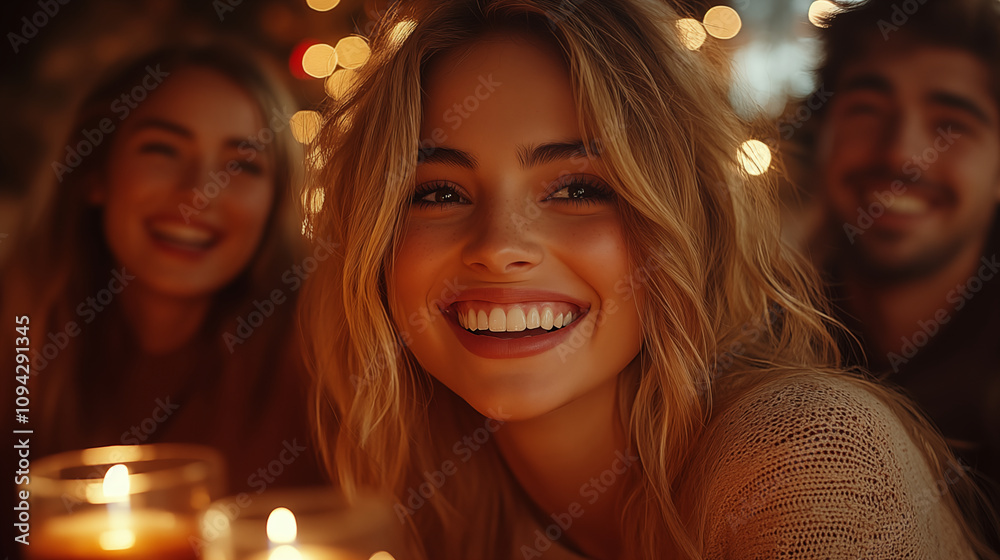 Young woman smiling at candlelit gathering with friends Young woman smiling at candlelit gathering with friends
