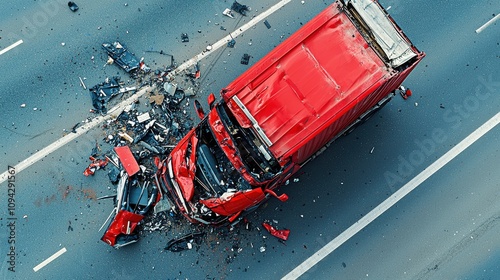 Aerial view of a jackknifed semitruck blocking highway urban environment action event for traffic disruption photo