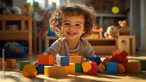 Happy child playing with colorful wooden blocks smiling on sunlit floor in kindergarten