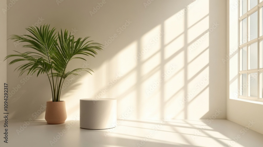 Minimal white studio with window shadows for product display Minimal white studio with window shadows for product display