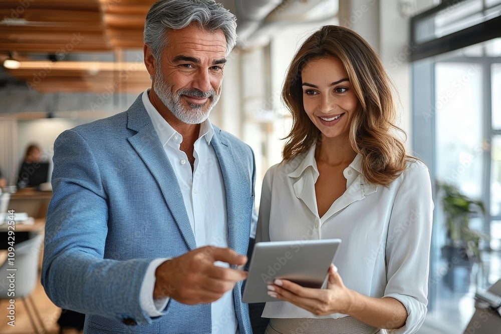 Professional business team collaboration in modern office with mature executives working on tablet Professional business team collaboration in modern office with mature executives working on tablet