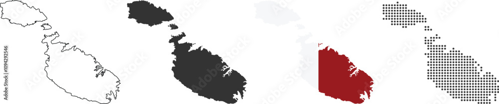 Malta map detailed in outline, grey, flag color, dotted style Malta map detailed in outline, grey, flag color, dotted style