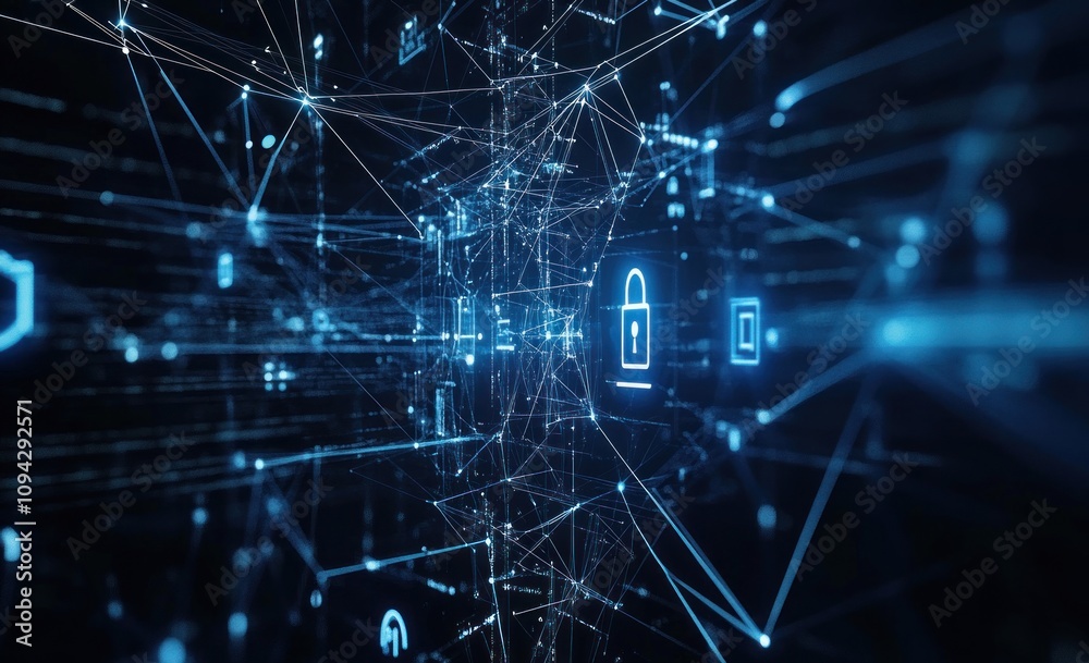 Abstract digital network security concept with glowing lines, nodes, and padlock icons. Abstract digital network security concept with glowing lines, nodes, and padlock icons.