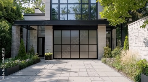 Modern house facade with large windows and landscaped entrance.