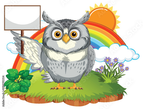 Owl with Rainbow and Sign Illustration