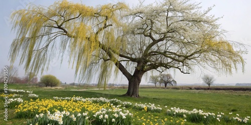 A weeping willow tree adorned with white and yellow flowers in the spring season, gentle breeze, flowering branches