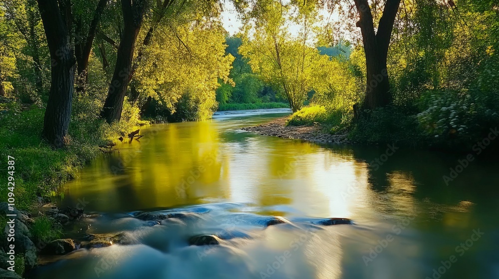 Fototapeta premium Serene River at Sunset Golden Light Lush Green Trees Tranquil Water