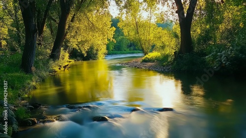 Serene River at Sunset  Golden Light  Lush Green Trees  Tranquil Water