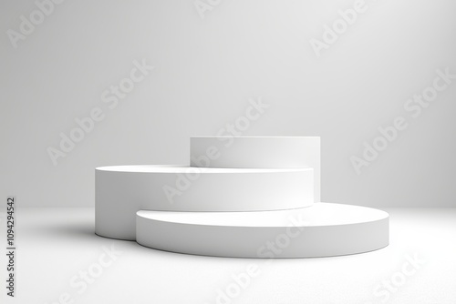 Minimalist Three-Tiered White Platform Display on Light Grey Background