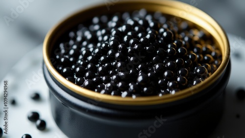 A close-up of almas beluga caviar in a luxurious matte tin, placed elegantly on a marble surface with soft lighting enhancing the texture.