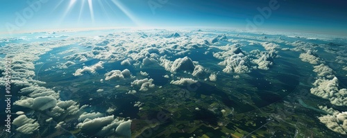 Aerial view of vast mountainous landscape with clouds. photo