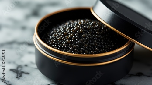 A minimalist presentation of caviar beluga sturgeon, placed elegantly on a marble surface with soft ambient lighting.