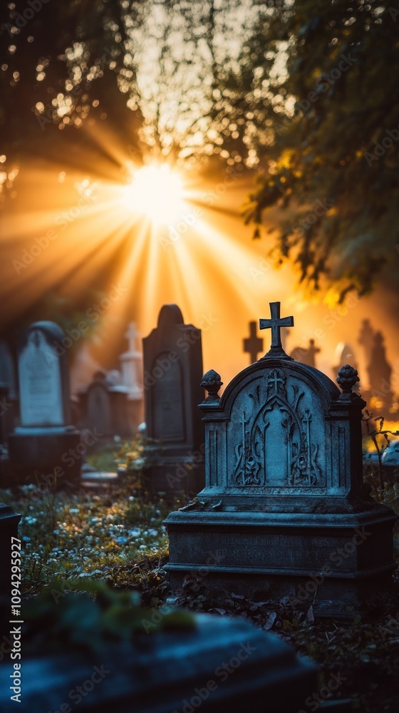Fototapeta premium A serene graveyard scene illuminated by sun rays, creating a peaceful atmosphere.