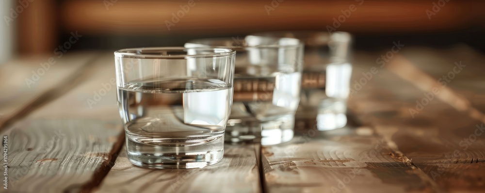 Clear shot glasses filled with water on a glass table. Clear shot glasses filled with water on a glass table.