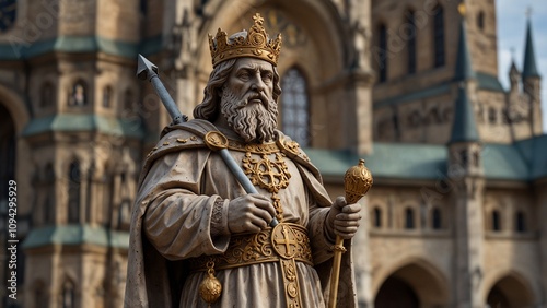Statue of Charlemagne: Charlemagne dressed in a magnificent royal robe, holding a scepter, with medieval scenes of the Holy Roman Empire and European cityscapes in the background.