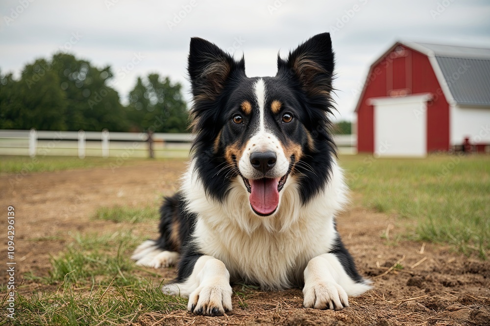 Fototapeta premium Adorable Border Collie Begging with Paws on a Scenic Farm