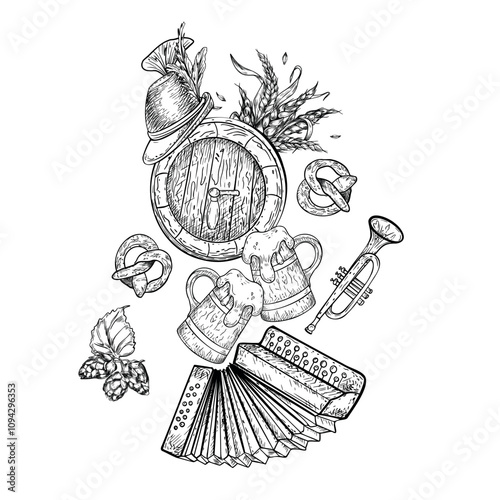 Oktoberfest vector illustration. Wooden barrel, German hat, accordion, cone hops black white graphic art isolated. Pretzel, wheat ears, trumpet and beer mug in monochrome hand drawn design banner.