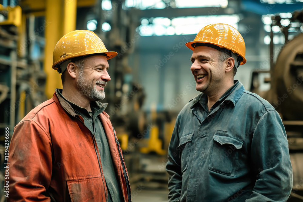 Middle-aged factory workers in bright uniforms and hard hats share a laugh while engaging in conversation at a lively industrial facility Middle-aged factory workers in bright uniforms and hard hats share a laugh while engaging in conversation at a lively industrial facility