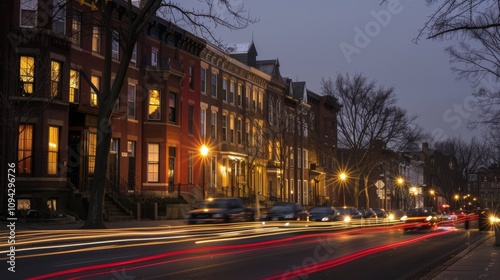 A row of elegant townhouses their historic facades enhanced by the streaks of car light trails.