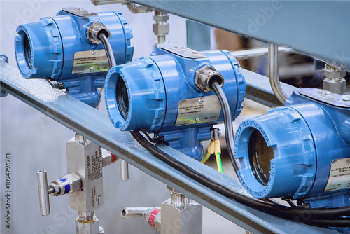 Group of three measurig devices with display. Explosive area.