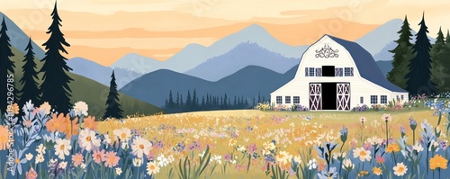 A serene landscape featuring a barn surrounded by flowers and mountains at sunset.