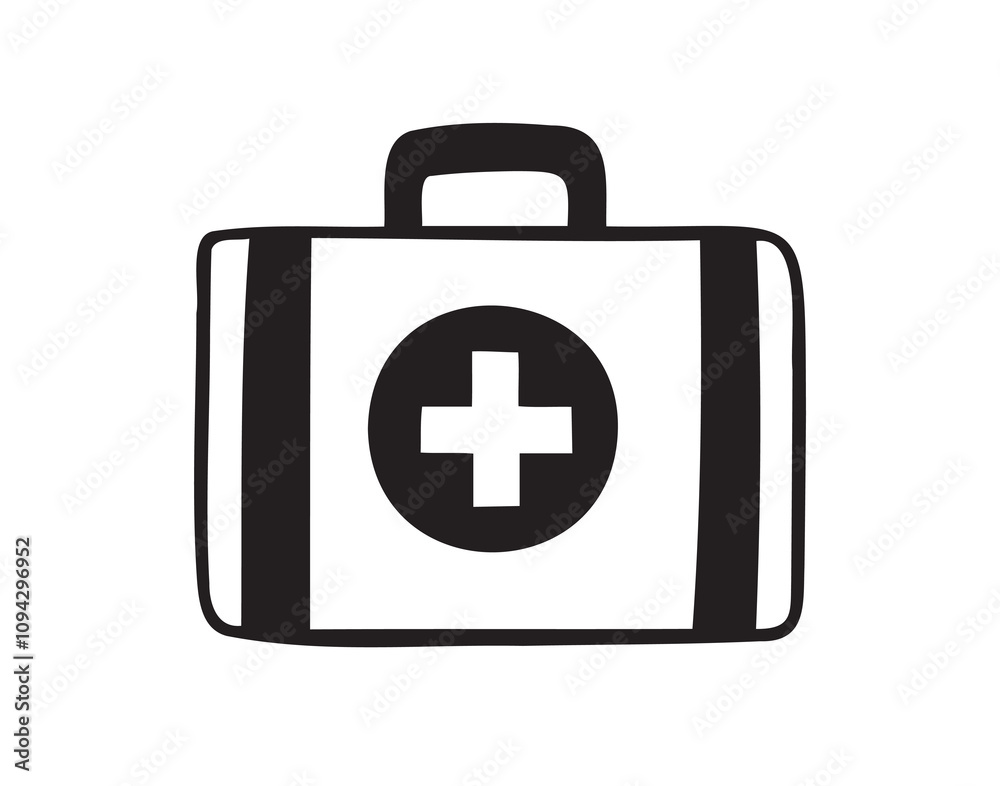 First aid kit hand drawn doodle icon. Drawing first aid kit case icon. Treatment, medicine concept. First aid kit hand drawn doodle icon. Drawing first aid kit case icon. Treatment, medicine concept.
