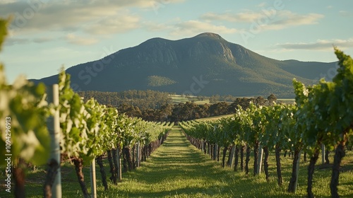 Vineyard Rows  Mountain View  Sunset Landscape