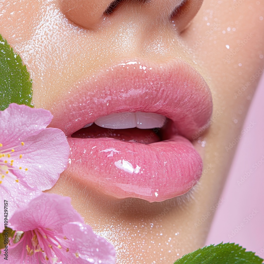 Fototapeta premium Close-Up of Model's Lips Adorned with Hydrating Lip Gloss Featuring Blooming Flowers for a Fresh and Vibrant Beauty Aesthetic