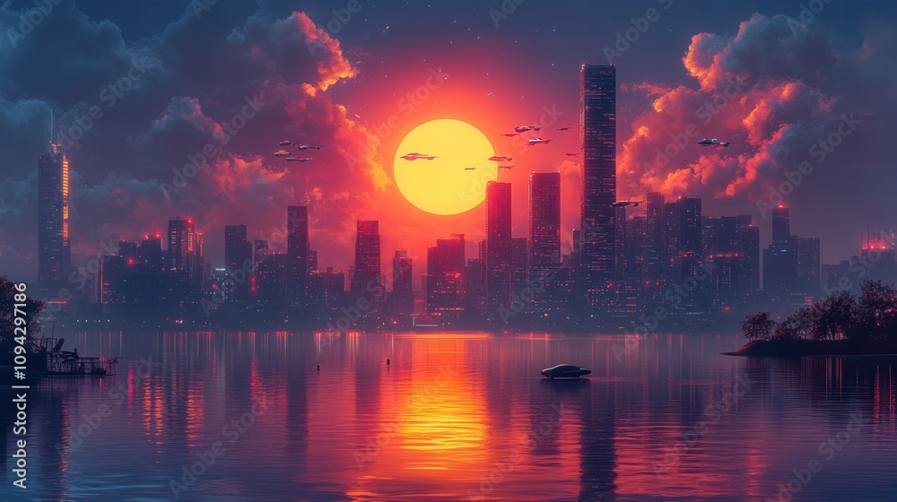 Neon Sunset Futuristic Cityscape with Vibrant Skyline and Sci-Fi Atmosphere